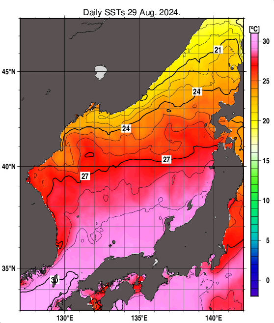 日本海の海面水温分布図（8月29日）