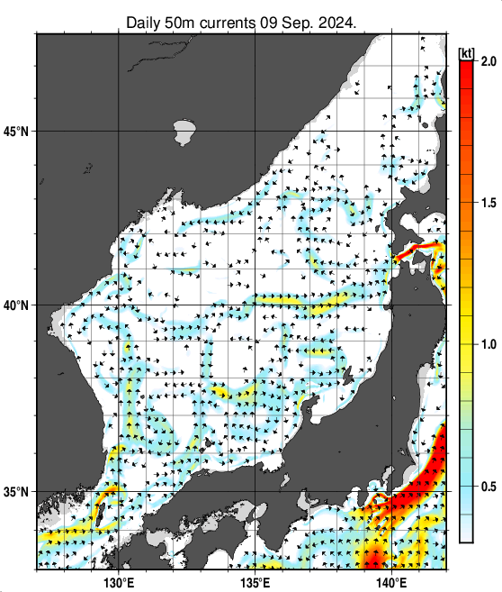 日本海の深さ50mの海流分布図（9月9日）