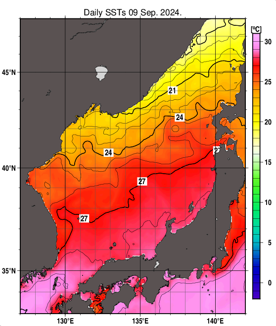 日本海の海面水温分布図（9月9日）