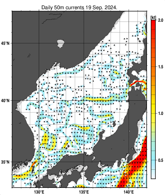 日本海の深さ50mの海流分布図（9月19日）