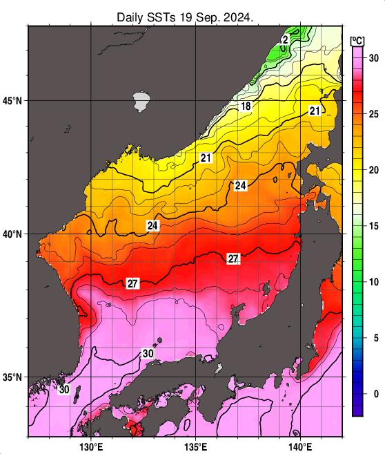 日本海の海面水温分布図（9月19日）