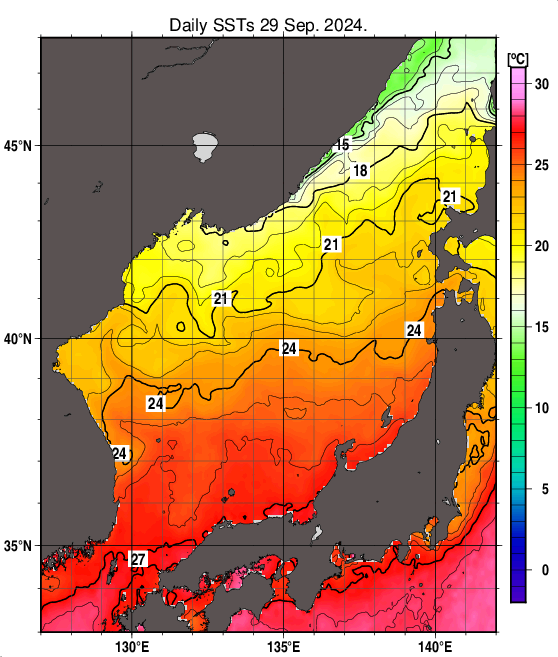 日本海の海面水温分布図（9月29日）