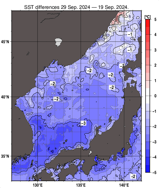 日本海の10日間の海面水温変化量分布図（9月29日）