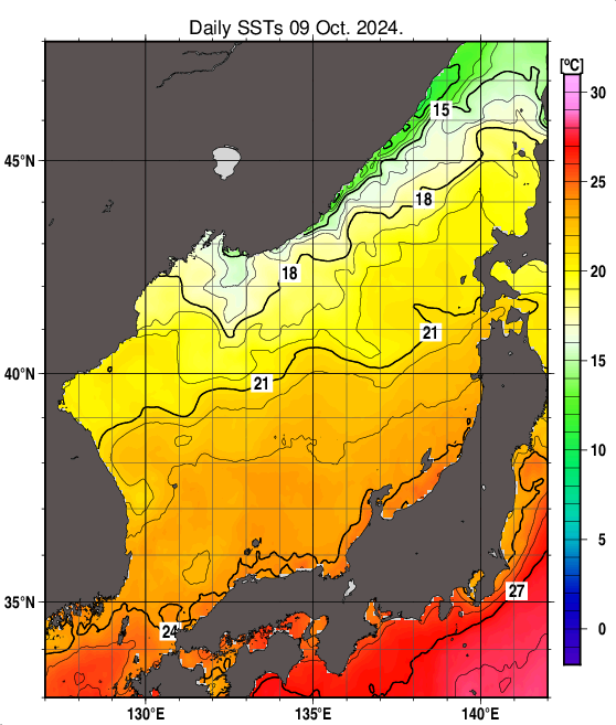 日本海の海面水温分布図（10月9日）