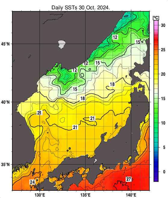 日本海の海面水温分布図（10月30日）