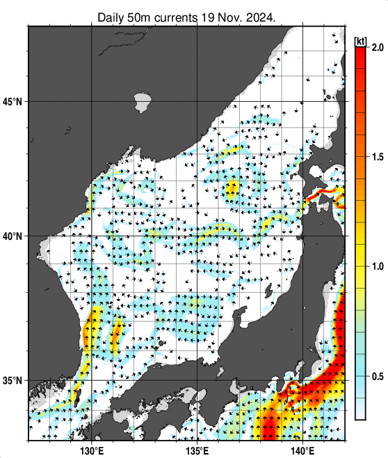 日本海の深さ50mの海流分布図（11月19日）