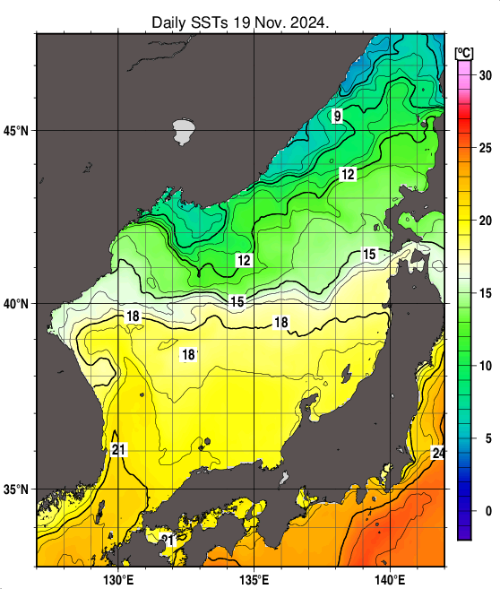 日本海の海面水温分布図（11月19日）