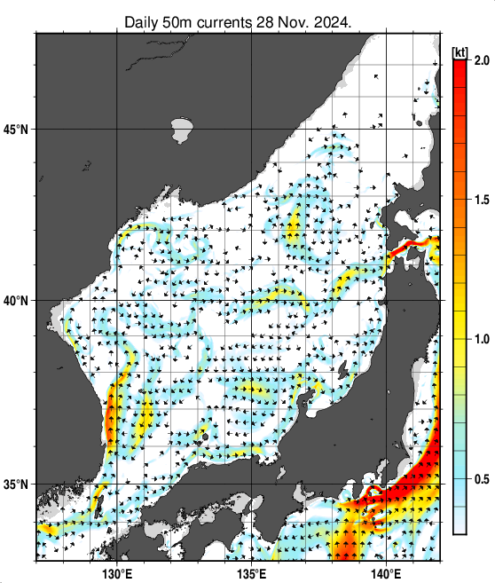 日本海の深さ50mの海流分布図（11月28日）