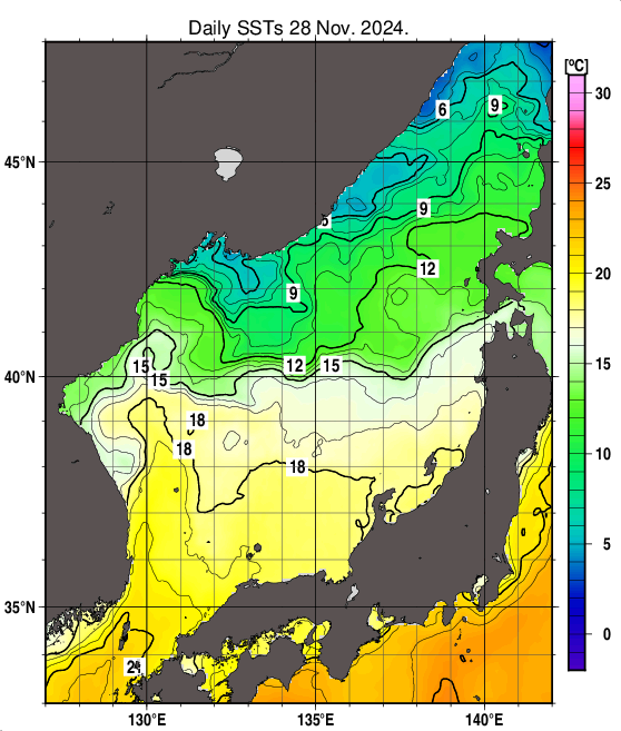 日本海の海面水温分布図（11月28日）