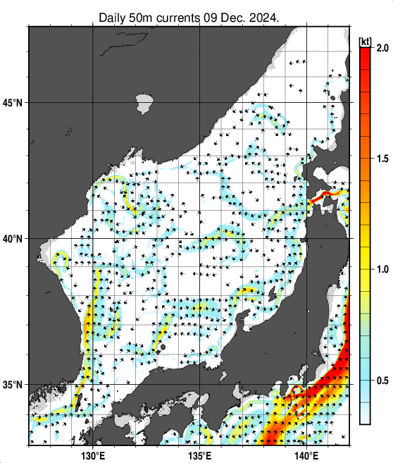 日本海の深さ50mの海流分布図（12月9日）