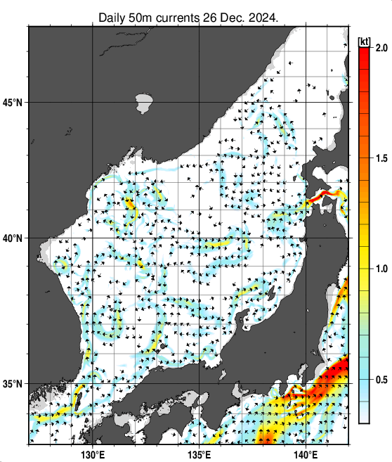 日本海の深さ50mの海流分布図（12月26日）