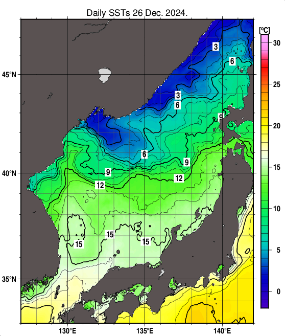 日本海の海面水温分布図（12月26日）