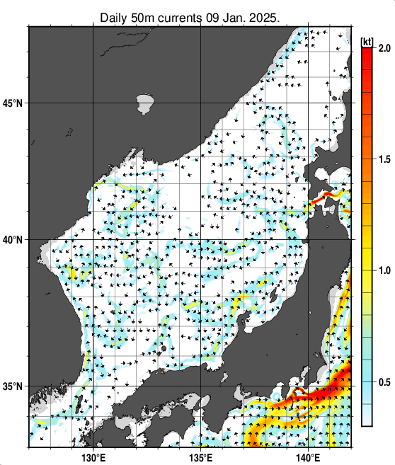 日本海の深さ50mの海流分布図（1月9日）