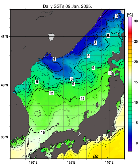 日本海の海面水温分布図（1月9日）