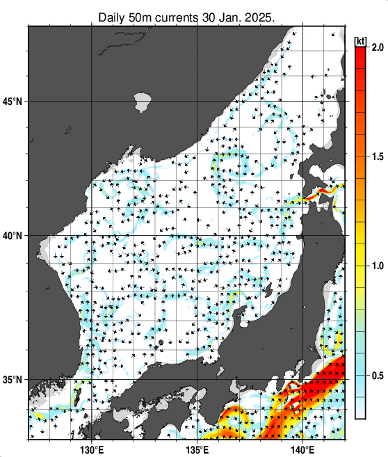 日本海の深さ50mの海流分布図（1月30日）