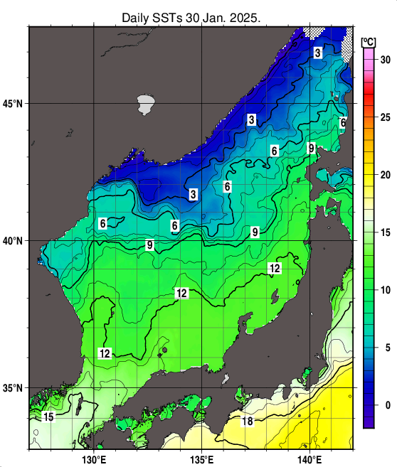 日本海の海面水温分布図（1月30日）