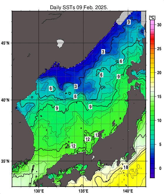 日本海の海面水温分布図（2月9日）