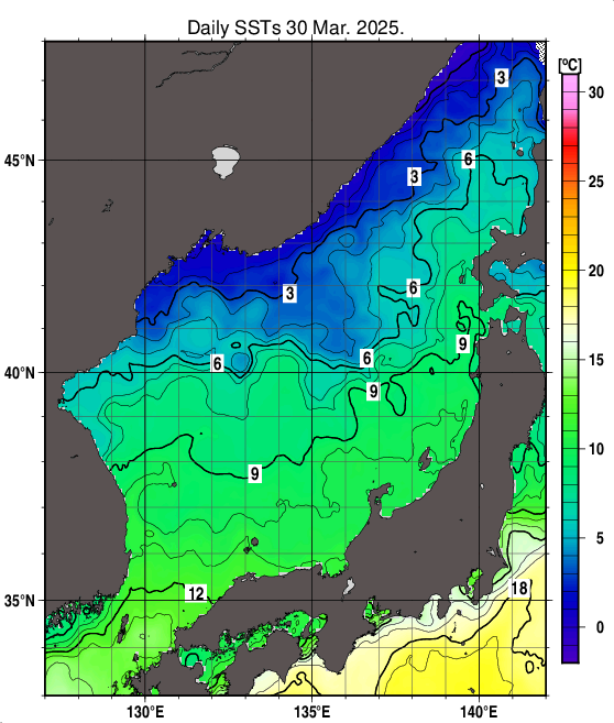 日本海の海面水温分布図（3月30日）