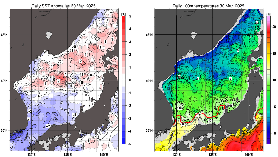 日本海の海面水温平年差分布図および深さ100mの水温分布図（3月30日）