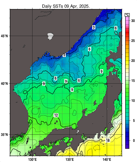 日本海の海面水温分布図（4月9日）