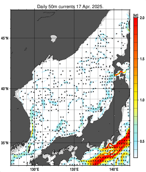 日本海の深さ50mの海流分布図（4月17日）