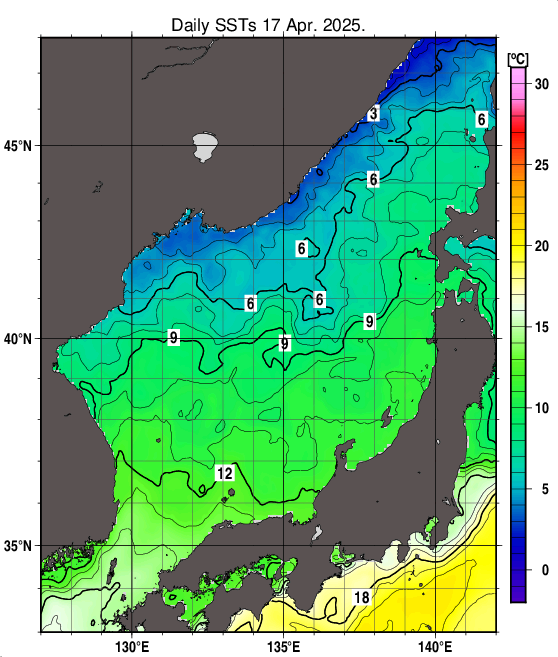日本海の海面水温分布図（4月17日）