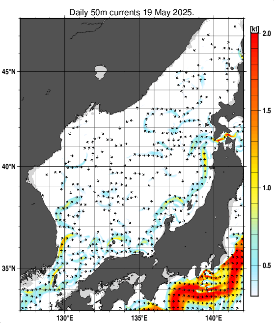 日本海の深さ50mの海流分布図（5月19日）