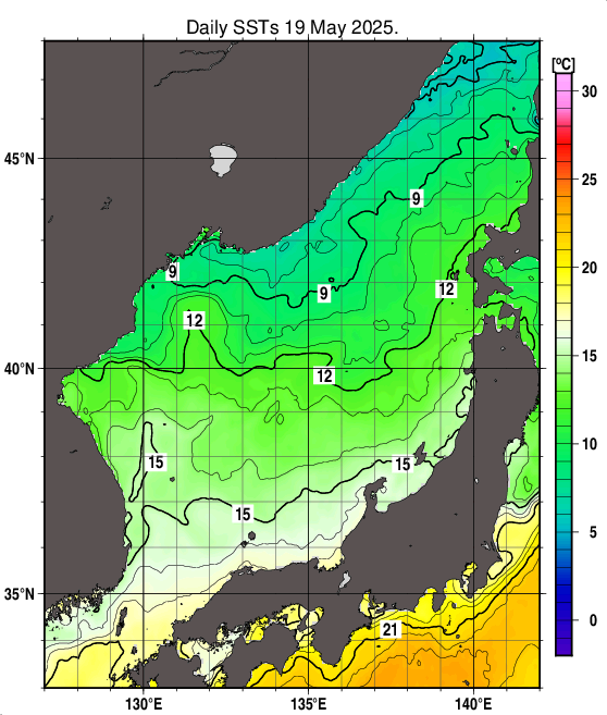 日本海の海面水温分布図（5月19日）