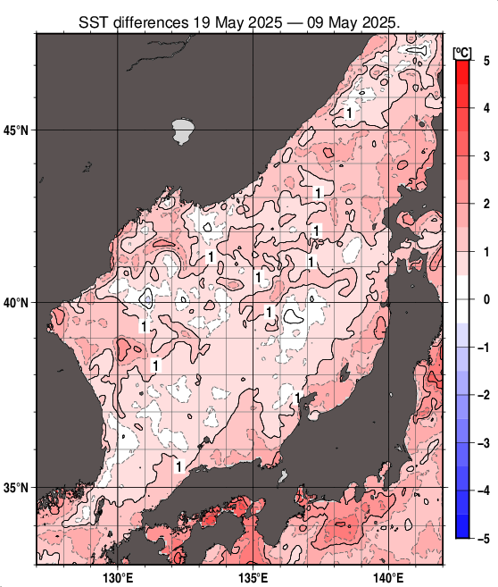 日本海の10日間の海面水温変化量分布図（5月19日）