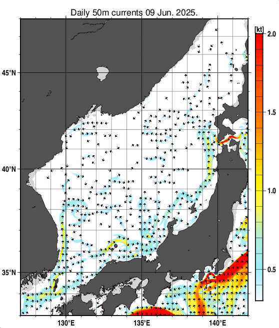 日本海の深さ50mの海流分布図（6月9日）