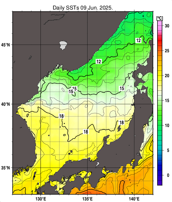 日本海の海面水温分布図（6月9日）
