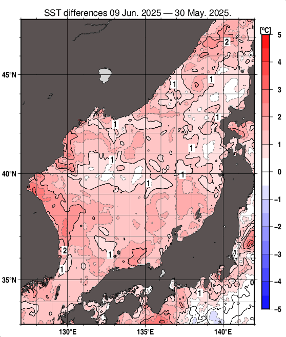 日本海の10日間の海面水温変化量分布図（6月9日）