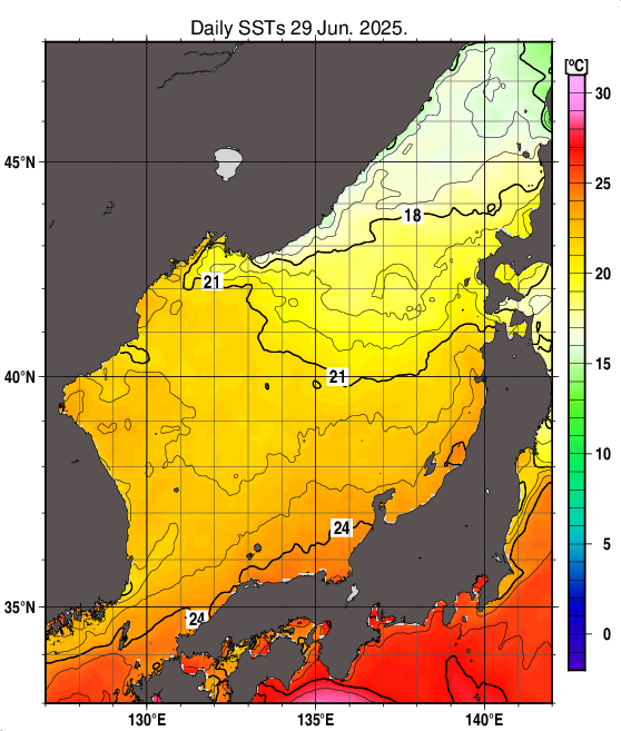 日本海の海面水温分布図（6月29日）