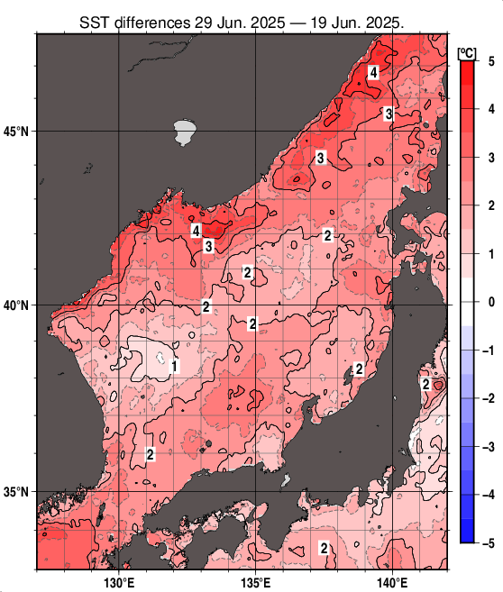 日本海の10日間の海面水温変化量分布図（6月29日）