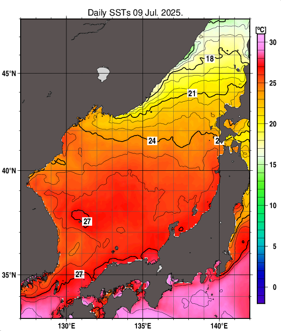 日本海の海面水温分布図（7月9日）