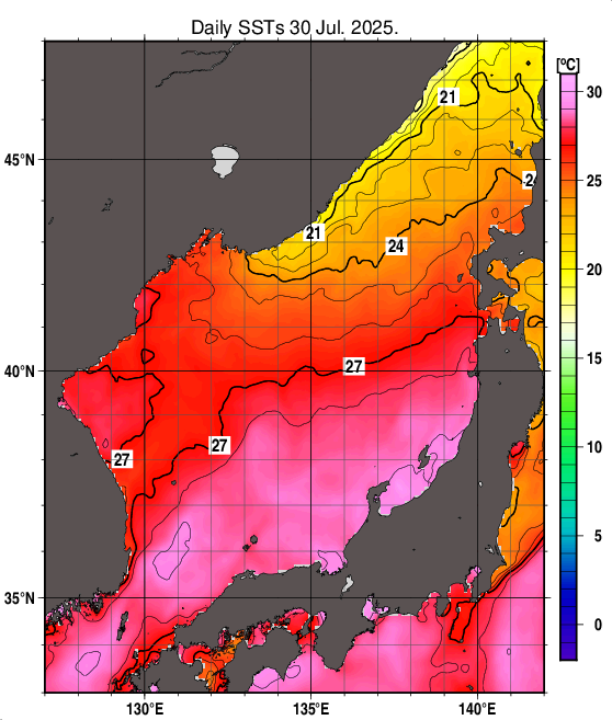 日本海の海面水温分布図（7月30日）
