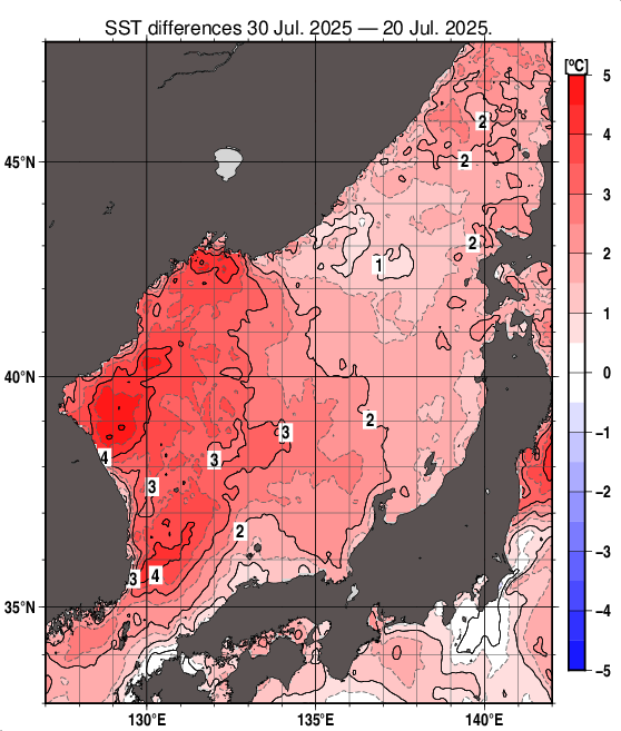 日本海の10日間の海面水温変化量分布図（7月30日）