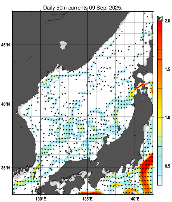 日本海の深さ50mの海流分布図(9月9日)