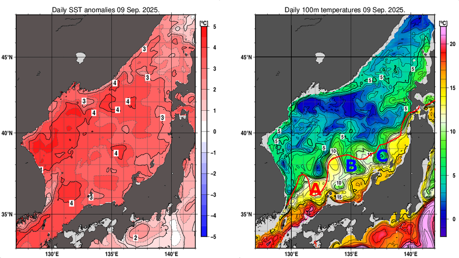 日本海の海面水温平年差分布図および深さ100mの水温分布図（9月9日）