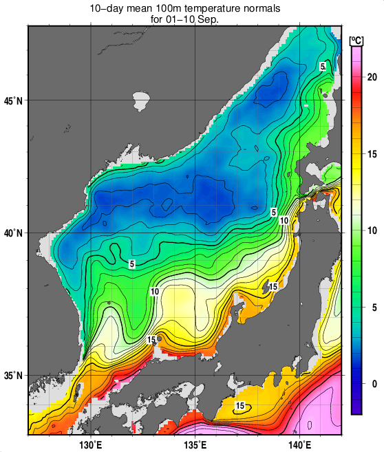 日本海の深さ100mの水温の旬別平年値(1993~2017年の25年間の平均)(9月上旬)