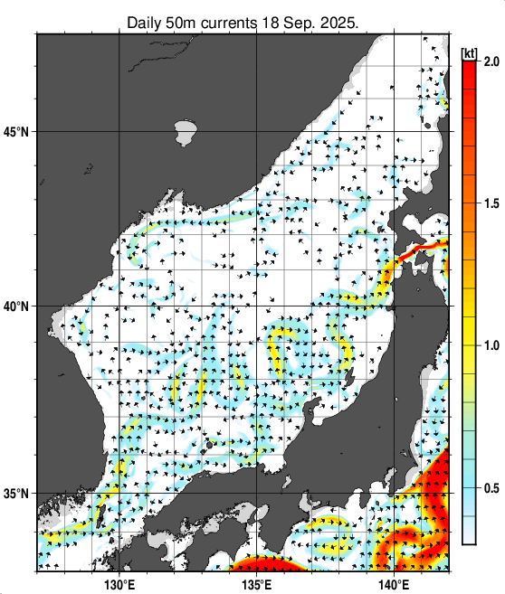 日本海の深さ50mの海流分布図(9月18日)