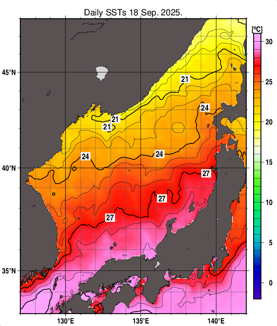 日本海の海面水温分布図(9月18日)