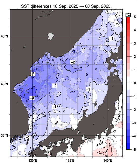日本海の10日間の海面水温変化量分布図(9月18日)