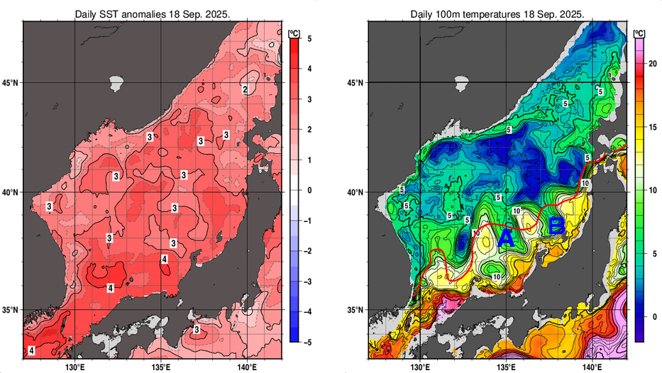 日本海の海面水温平年差分布図および深さ100mの水温分布図（9月18日）