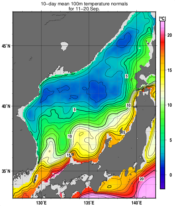 日本海の深さ100mの水温の旬別平年値(1993~2017年の25年間の平均)(9月中旬)