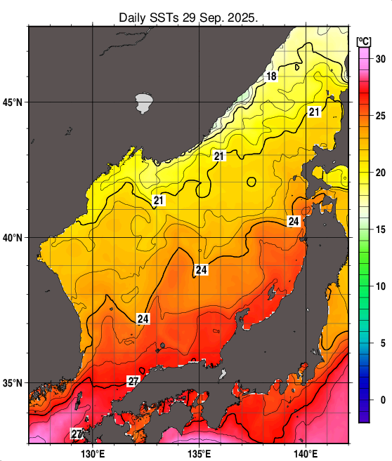 日本海の海面水温分布図(9月29日)