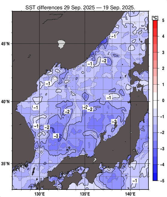 日本海の10日間の海面水温変化量分布図(9月29日)