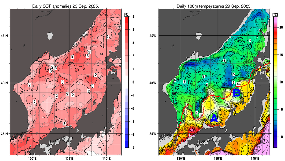 日本海の海面水温平年差分布図および深さ100mの水温分布図（9月29日）