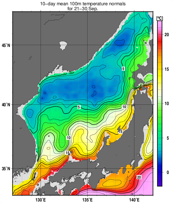 日本海の深さ100mの水温の旬別平年値(1993~2017年の25年間の平均)(9月下旬)
