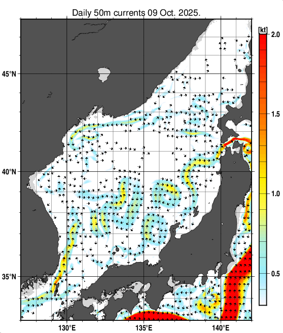 日本海の深さ50mの海流分布図(10月9日)